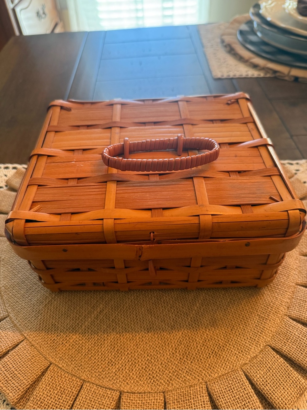 Woven Bamboo Picnic Basket with Handle - Brown with 20 piece tea set